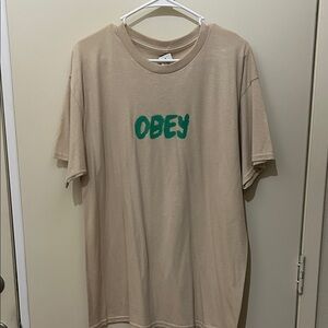 Obey Beige T-Shirt with Green Logo
